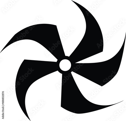 Stylized black pinwheel graphic with a central circle and five swirling blades