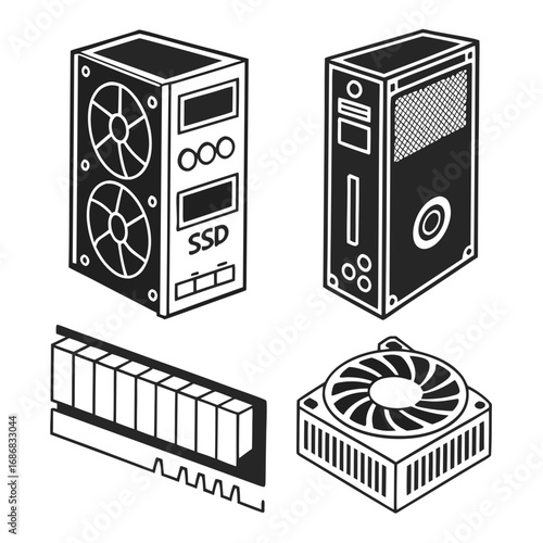 Computer hardware icons cpu ram fan ssd vector