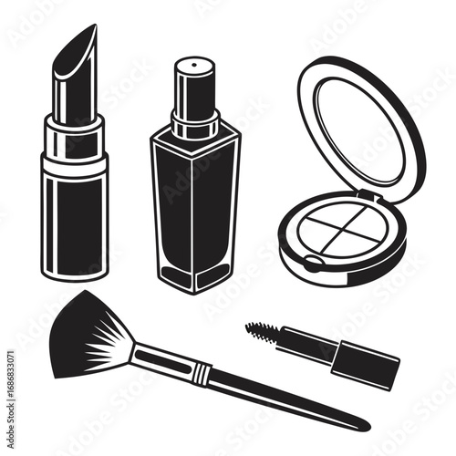 Cosmetic collection lipstick brush compact mascara bottle vector