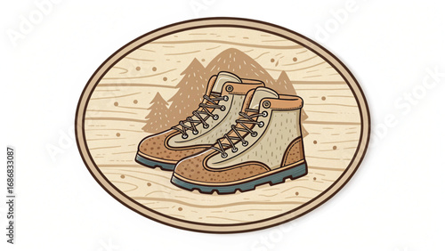 Hiking Boots Illustration on Wood Grain Background