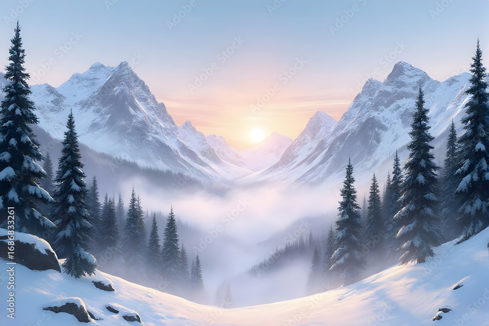 Fototapeta premium Snowy mountains in winter sunlight.