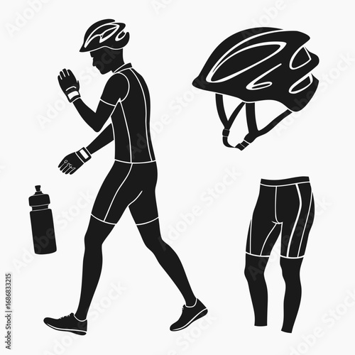 Cyclist silhouette with gear helmet shorts gloves water bottle cycling