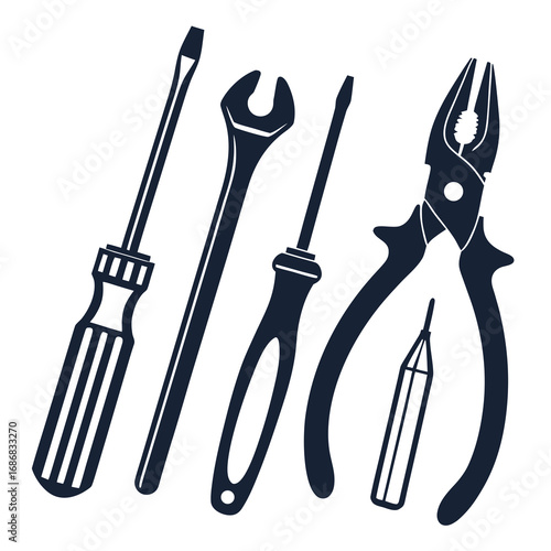 Dark blue tool silhouettes screwdriver wrench pliers repair