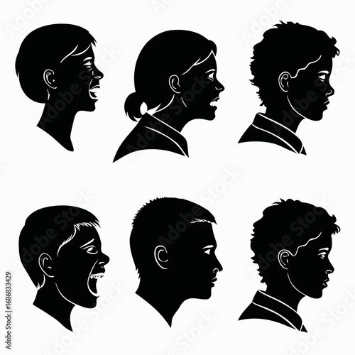 Diverse human face silhouettes expressing emotions black and white faces