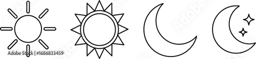 Simple line drawings of sun and moon symbols representing day and night