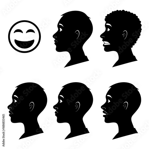 Diverse human facial expression silhouettes black and white face profile