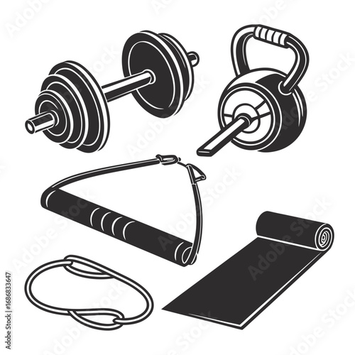 Dumbbell kettlebell resistance band yoga mat exercise equipment vector