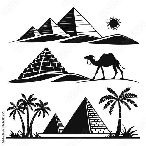 Egyptian pyramids camel and palm trees desert landscape vector