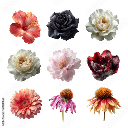 A vibrant collection of various floral blooms in diverse colors and shapes. Flower isolated on white background, Transparent Background