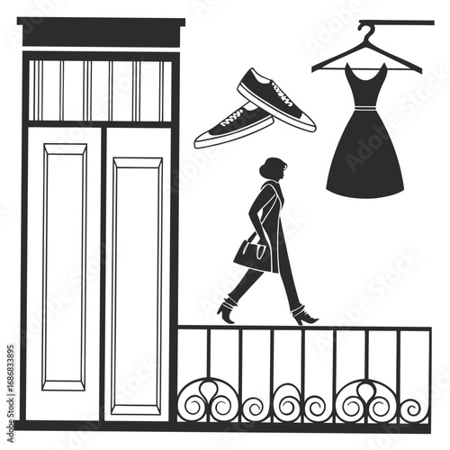 Fashionable woman walking with dress and shoes clothing