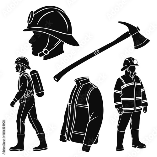 Firefighter gear and equipment silhouettes helmet jacket