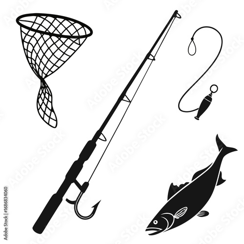 Fishing rod hook net and fish silhouettes vector