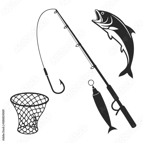 Fishing rod hook net lure jumping fish silhouettes vector
