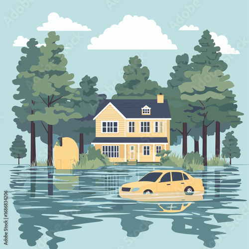 Vector illustration of Flood natural disaster drowned houses and car , vector style simple color