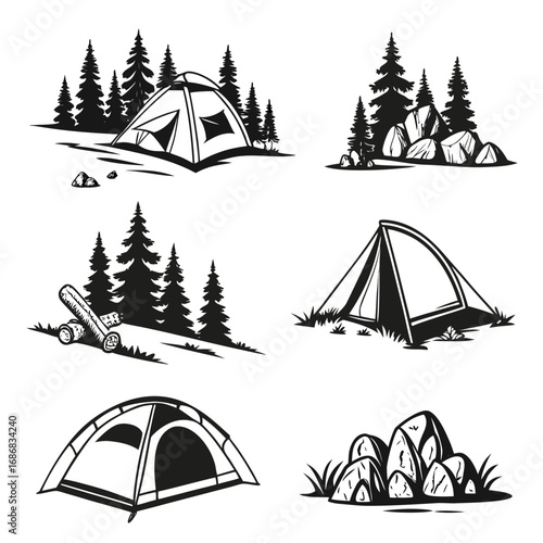 Forest campsite tent rock pile fir trees camping