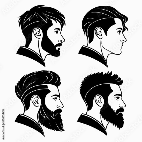 Four black and white male hairstyles and beard styles silhouettes