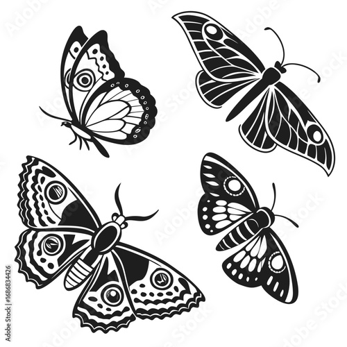 Four black butterfly and moth silhouettes with detailed wings insect black and white