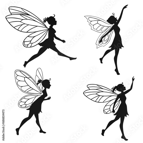 Four black fairy silhouettes with delicate wings flying dancing