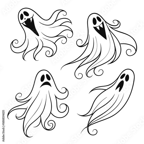 Four cartoon ghosts with flowing tails and expressive faces halloween spooky
