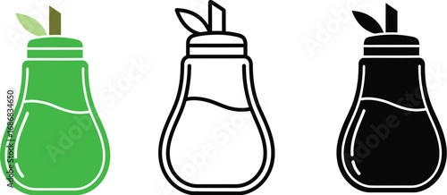 Pear shaped containers for condiments or sweeteners, presented in color, outline and silhouette
