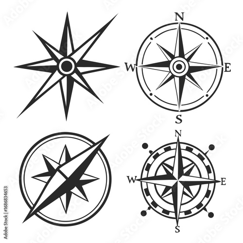 Four compass rose and navigation icons direction north