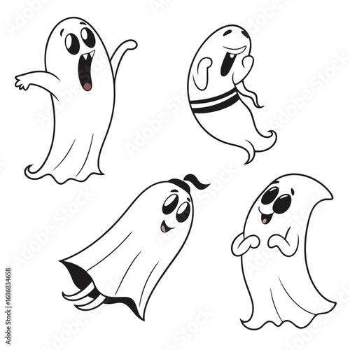 Four cute cartoon ghosts floating with happy expressions vector