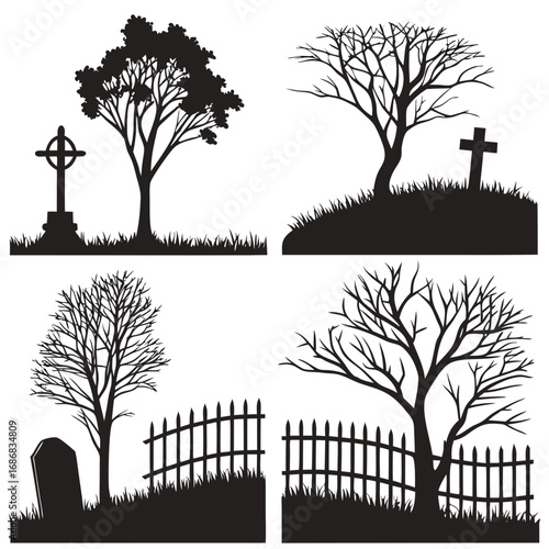 Four graveyard scenes with trees and tombstones cemetery headstone