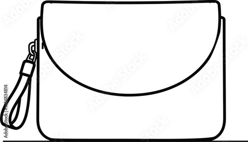 Simple line art illustration of a modern clutch bag with a wrist strap.