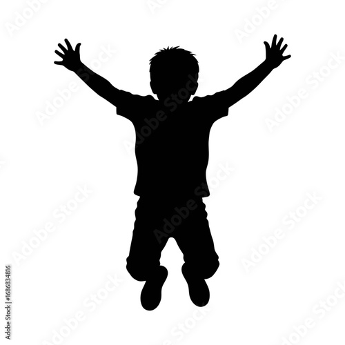 Silhouette of Happy Child Jumping with Raised Arms for Joy, Play, and Childhood Concepts