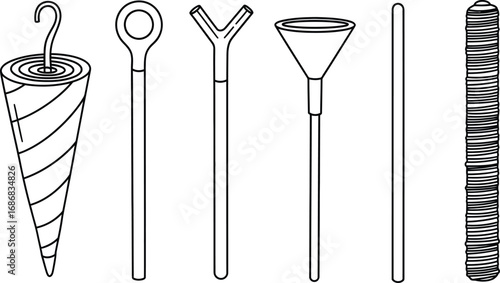 Collection of simple line art tools and objects for drawing and crafting
