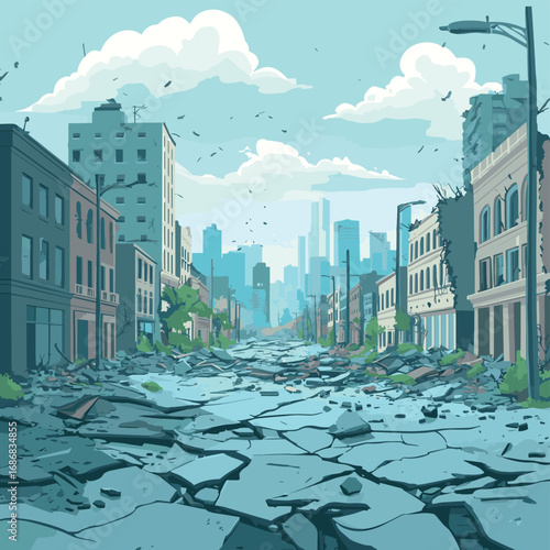 A vector illustration depicting an earthquake and the destruction caused by it