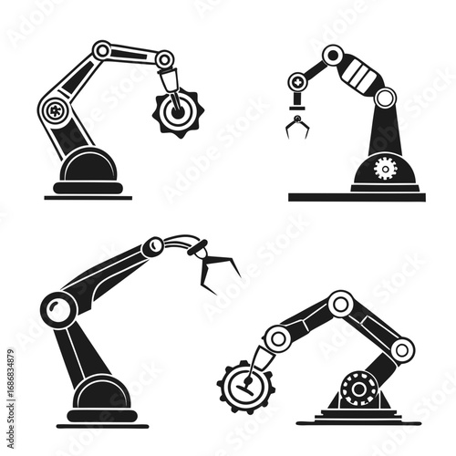 Four robotic arms with gears and claws industrial technology