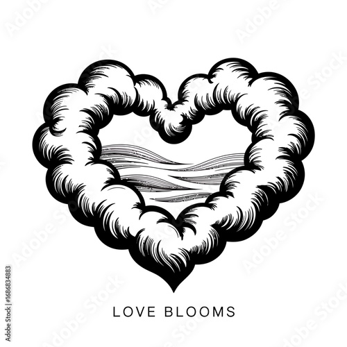 Love Blooms Conceptual Art in Black and White Heart Shaped Cloud with Landscape Vision Expressing Romance and Affection