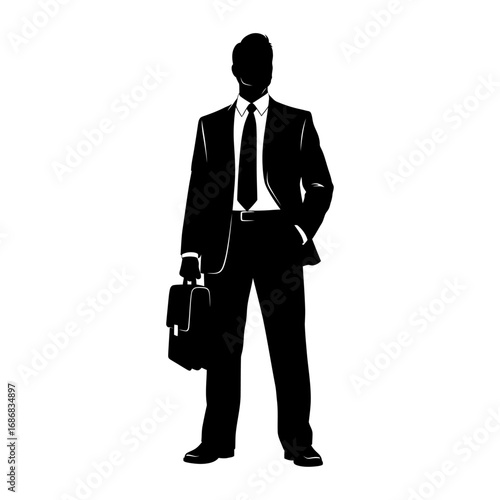 Silhouette of Confident Businessman in Suit Holding Briefcase for Corporate Design Concepts