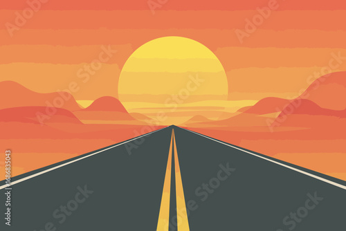Endless road stretching into the horizon under a warm sunset landscape graphic with mountains in the distance conveying a sense of adventure travel