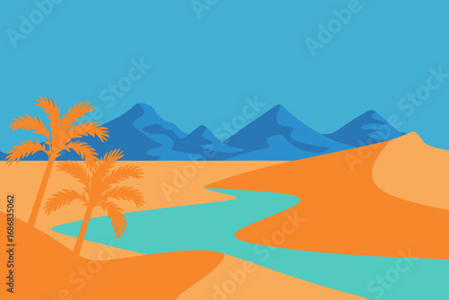 Vibrant Desert Landscape with Palm Trees Oasis and Distant Mountains Perfect for Travel and Adventure Themes