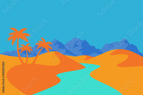Minimalist Desert Landscape Illustration with Palm Trees Dunes River and Mountain Range in Bold Colors Ideal for Travel and Adventure Themes