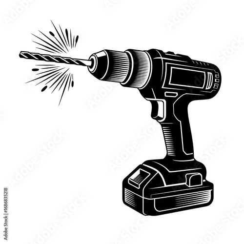 Black and white illustration of a cordless power drill in action providing a clean and illustrative design concept for tool usage