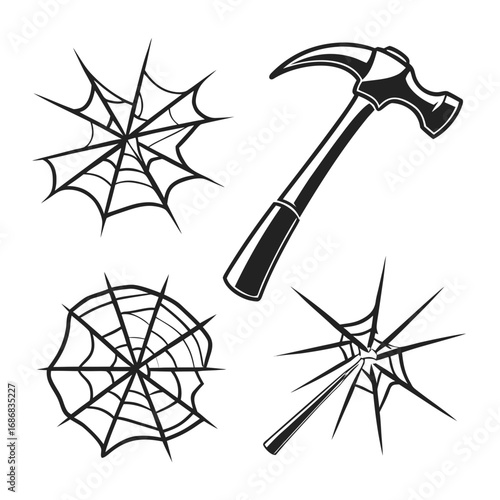 Hammer spiderwebs and shattered glass graphics illustration black and white