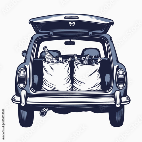 Cloth grocery bags in car trunk filled with bottles and bottles in stylish bags ready for grocery shopping. Empty car trunk contains reusable grocery bags supporting eco-friendly lifestyle choices.