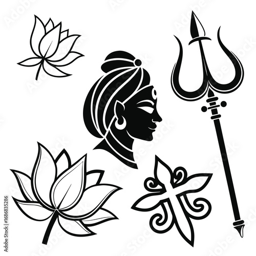 Hindu deity profile with lotus flowers and trident vector