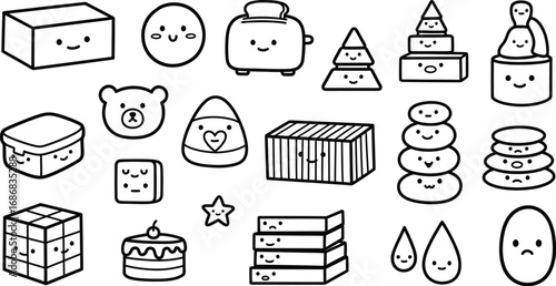 Whimsical collection of cute, smiling cartoon objects and shapes in a playful doodle style.