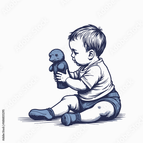 Baby playing with sock puppet toy while sitting on floor, engaging with soft plush character. Baby's playtime includes exploring textures, showcasing joy in playful activities.