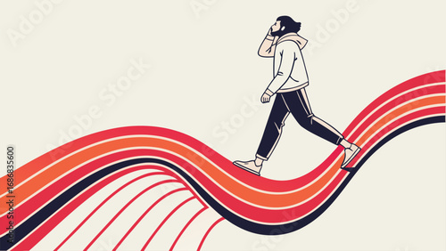 Ascent to Progress: An individual confidently strides forward, navigating a vibrant, dynamic path suggesting growth, ambition and a steadfast pursuit of personal betterment.