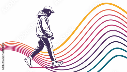 Streetwear Stroll: A stylishly attired figure in contemporary streetwear strides confidently along a wave of vibrant, dynamic lines, embodying movement, rhythm, and modern style.
