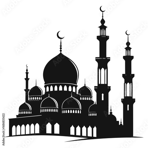 Islamic mosque architecture silhouette with crescent moons and domes black and white