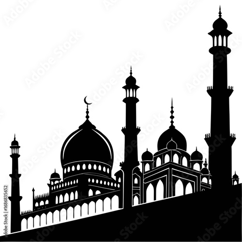 Islamic mosque architecture silhouette with domes and minarets black and white