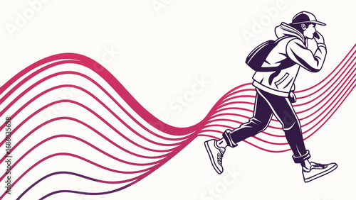 Runner's energy: A stylized illustration captures a young person's energized run through the visual energy pattern, conveying the essence of speed, movement, and dynamic action.