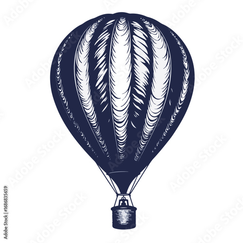 Vintage hot air balloon illustration in navy blue with detailed patterns and classic design, representing adventure and exploration.