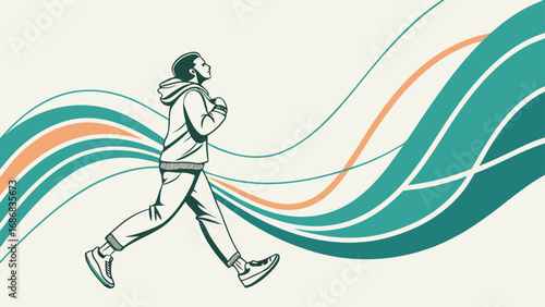 Motion in Harmony: A runner gracefully navigates an artistic backdrop of flowing, dynamic lines, capturing a sense of motion and the rhythm of an active lifestyle.